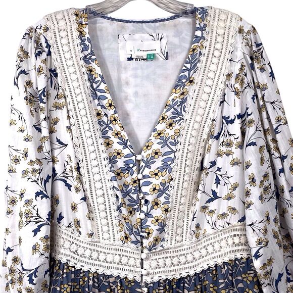 Anthropologie Blue and Cream Floral Midi Dress - Picture 5 of 16